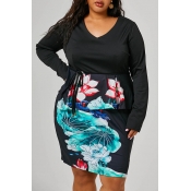 Lovely Trendy V Neck Printed Black Knee Length Plu