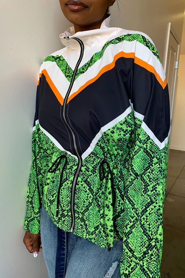 Lovely Casual Color-lump Patchwork Green Coat