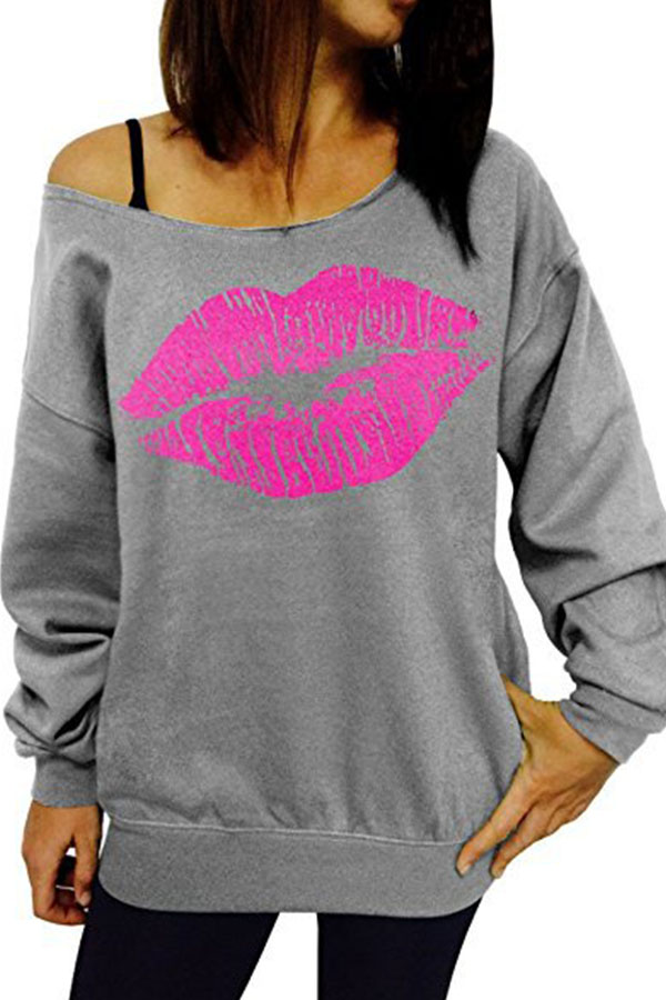 Lovely Casual Lip Printed Grey Sweatshirt Hoodie