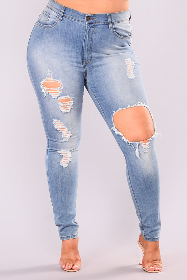 Lovely Casual Hollow-out Baby Blue Plus Size Jeans