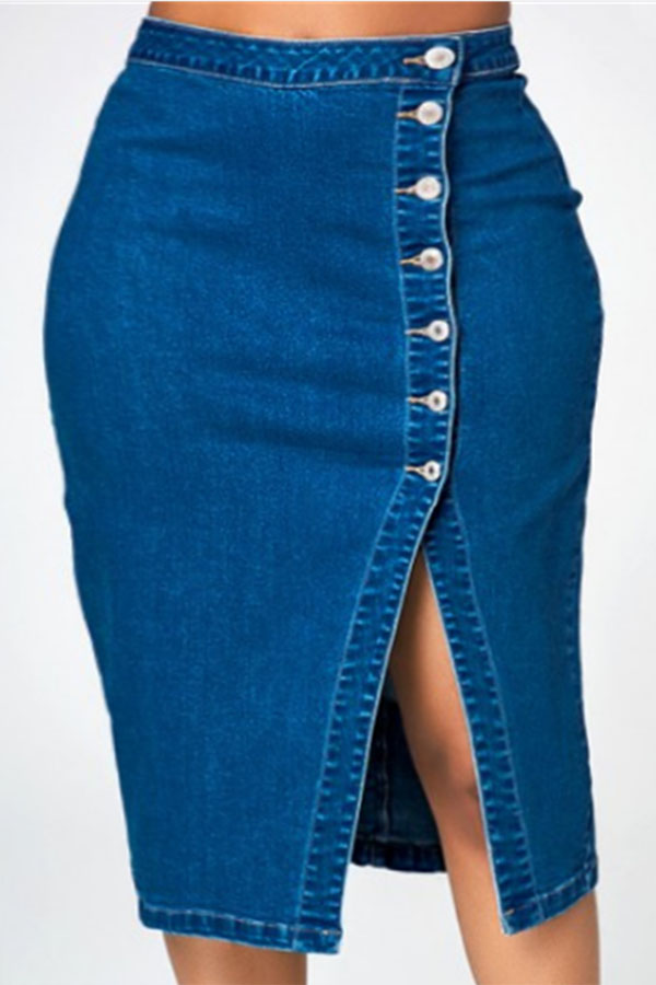 Lovely Casual Slit Deep Blue Plus Size Skirt