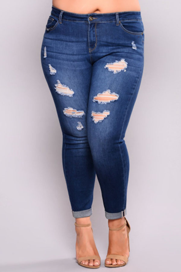 Lovely Casual Broken Holes Skinny Deep Blue Plus Size Jeans