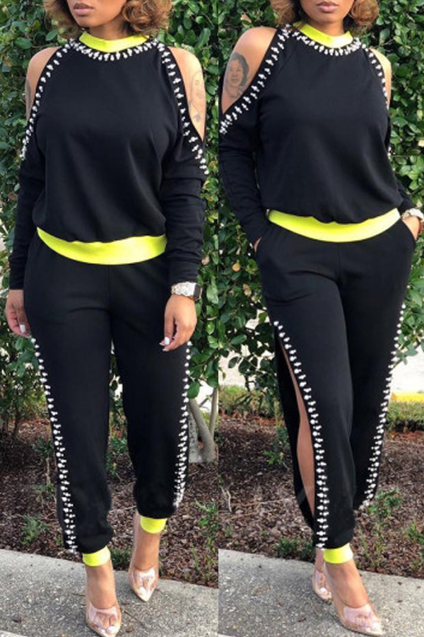 Lovely Street Patchwork Black Two-piece Pants Set