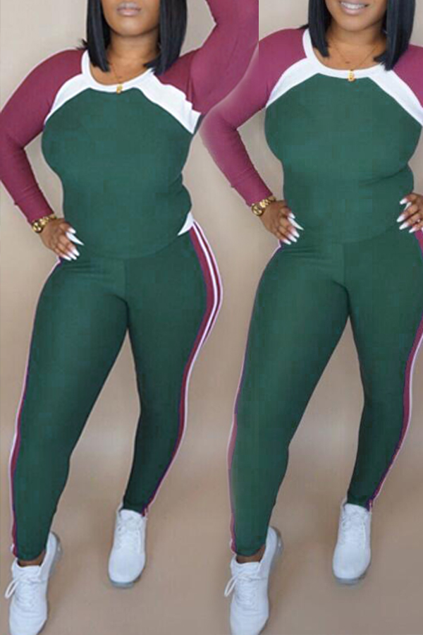 Lovely Casual Patchwork Green Two-piece Pants Set