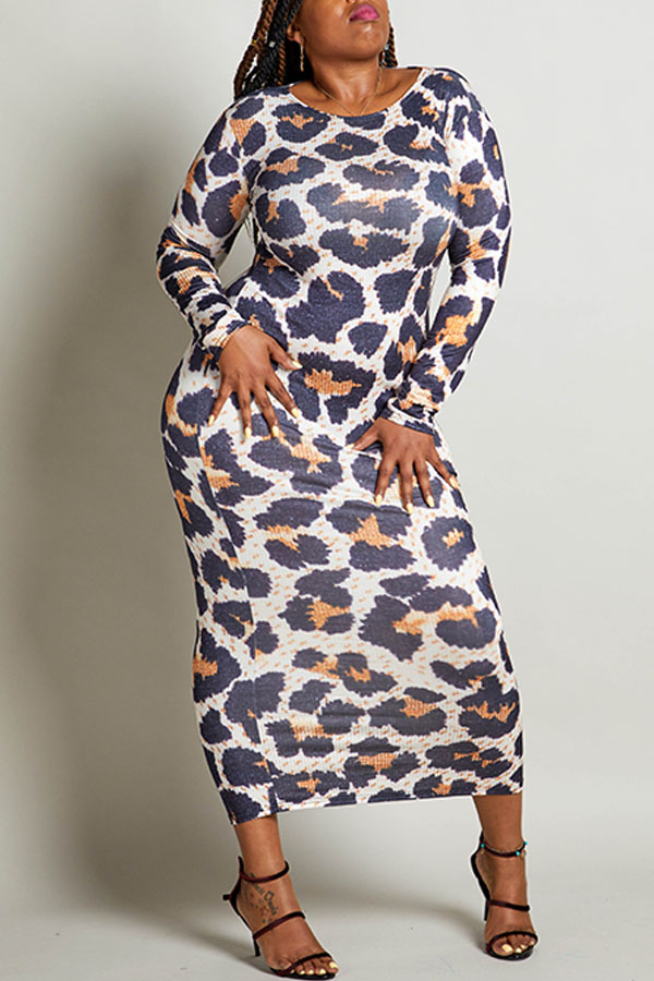 Lovely Chic Leopard Printed Ankle Length Plus Size Dress