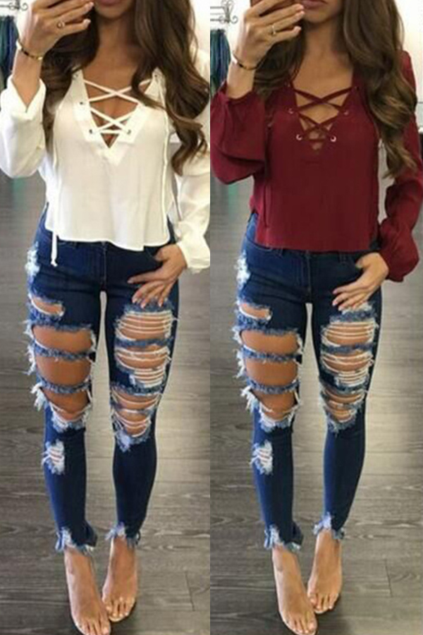 Lovely Casual Hollow-out Blue Jeans