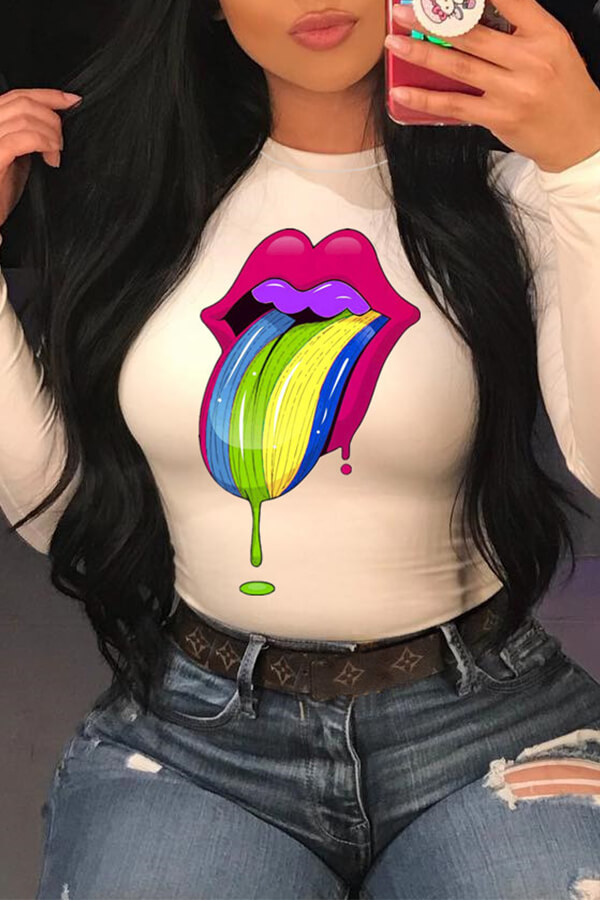 Lovely Casual Lip Printed White T-shirt