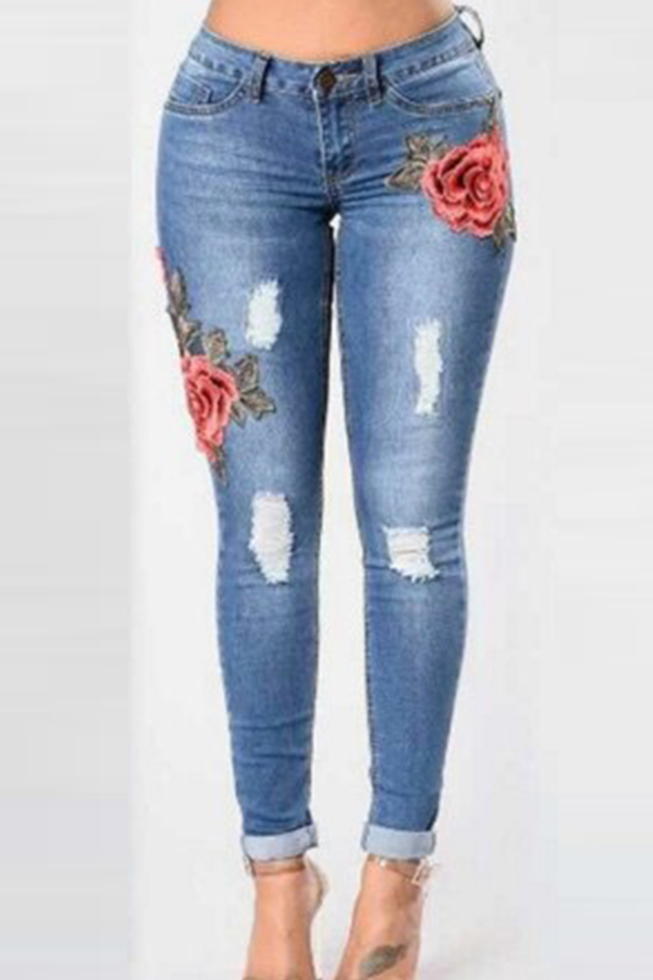 Lovely Trendy Embroidered Design Royal Blue Jeans