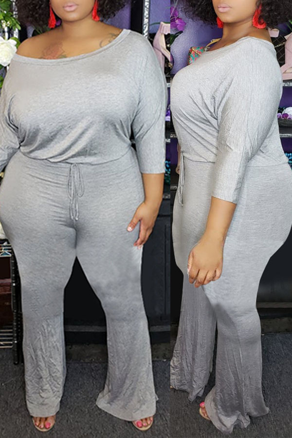 Lovely Trendy One Shoulder Grey Plus Size One-piece Jumpsuit