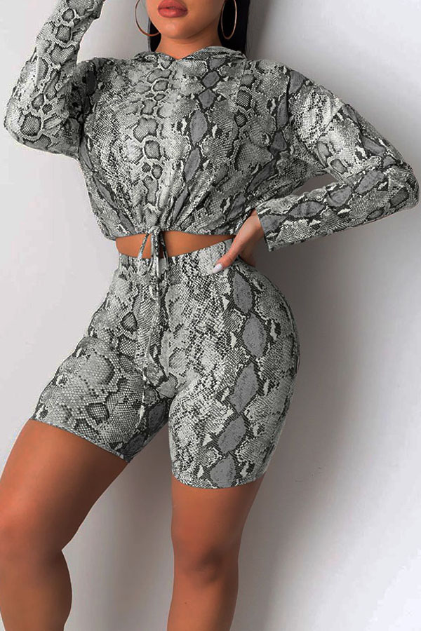 Lovely Casual Hooded Collar Printed Grey Two-piece Shorts Set