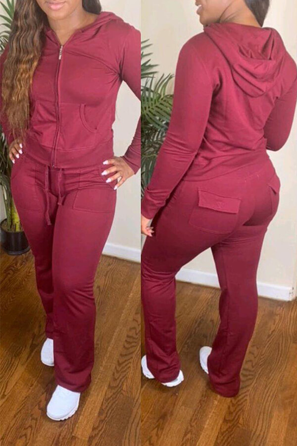 Lovely Casual Hooded Collar Pocket Patched Red Two-piece Pants Set