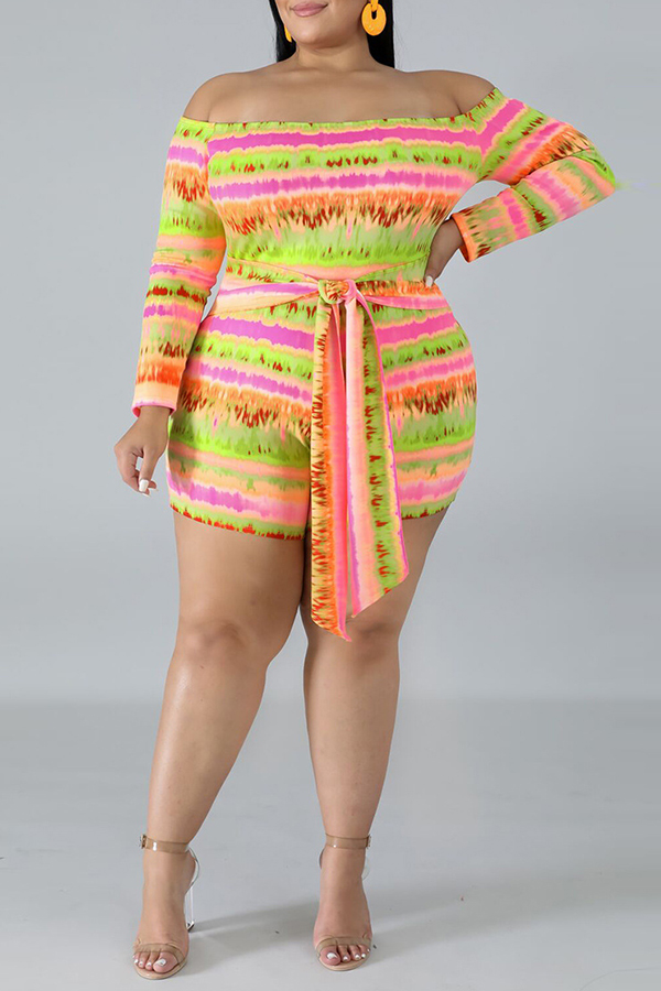 Lovely Casual Striped Printed Multicolor Plus Size One-piece Romper