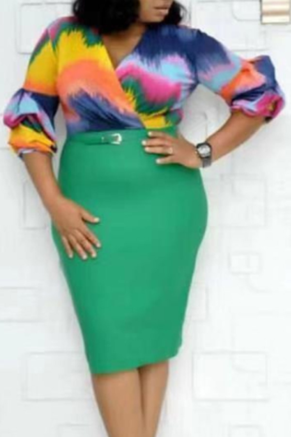 Lovely Casual Gradual Change Printed Green Knee Length Plus Size Dress