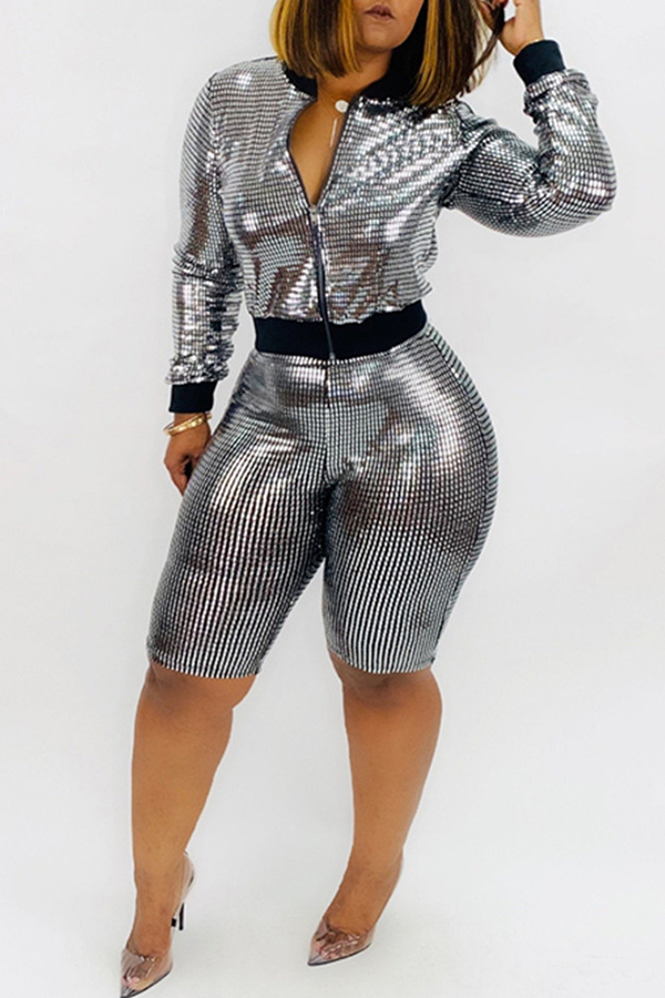 Lovely Chic Patchwork Silver Grey Two-piece Shorts Set