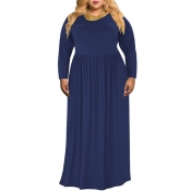Lovely Casual O Neck Loose Dark Blue Floor Length 