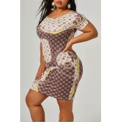 Lovely Casual Printed Apricot Plus Size Mini Dress