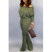 Lovely Casual Dew Shoulder Army Green One-piece Ju