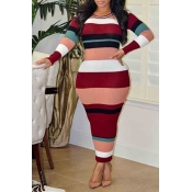 Lovely Casual Striped Wine Red Ankle Length Dress