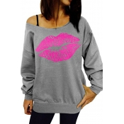 Lovely Casual Lip Printed Grey Sweatshirt Hoodie