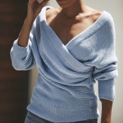 Lovely Casual Cross-over Design Baby Blue Sweater