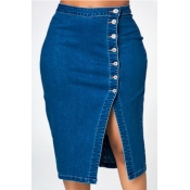 Lovely Casual Slit Deep Blue Plus Size Skirt