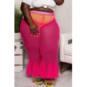 Lovely Casual See-through Rose Red Plus Size Pants