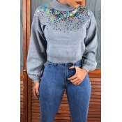 Lovely Trendy Turtleneck Sequined Decorative Grey 
