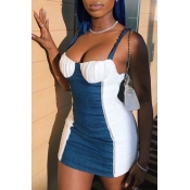 Lovely Casual Patchwork Baby Blue Mini Dress