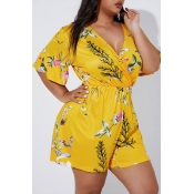Lovely Casual V Neck Printed Yellow Plus Size One-