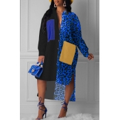 Lovely Trendy Turndown Collar Patchwork Blue Knee 