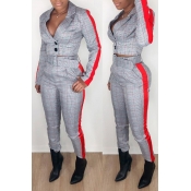 Lovely Work Turndown Collar Plaid Printed Grey Two