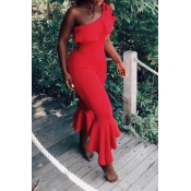 Lovely Casual Flounce Design Red One-piece Jumpsui