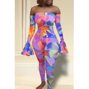 Lovely Casual Dew Shoulder Printed Blue One-piece 