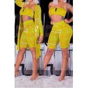 Lovely Trendy Printed Yellow Two-piece Shorts Set(