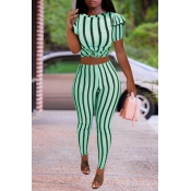 Lovely Trendy Striped Green Two-piece Pants Set