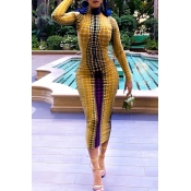Lovely Casual Printed Skinny Yellow Mid Calf Dress