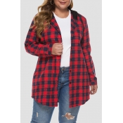 Lovely Casual Hooded Collar Plaid Printed Red Plus