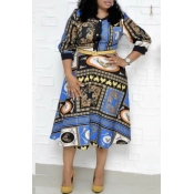 Lovely Casual Printed Blue Mid Calf Plus Size Dres