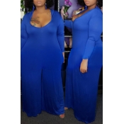 Lovely Casual U Neck Loose Blue Plus Size One-piec