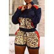 Lovely Casual Turndown Collar Patchwork Deep Blue 