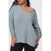 Lovely Trendy V Neck Basic Grey Plus Size Sweater