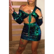 Lovely Sexy V Neck Sequined Green Two-piece Skirt 