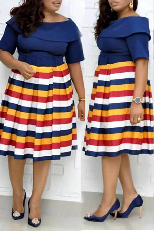Lovely Casual Striped Dark Blue Knee Length Plus Size Dress