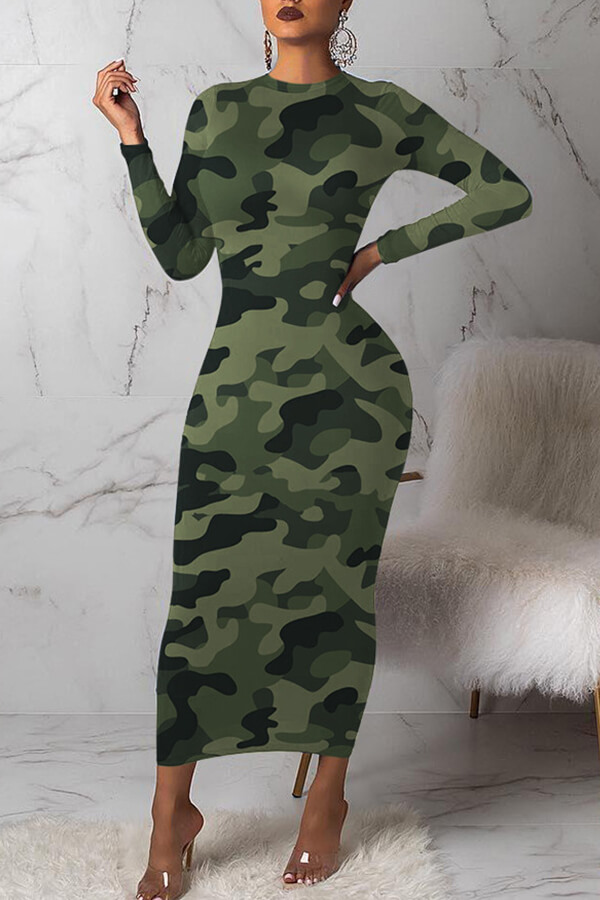 Lovely Casual Camouflage Printed Army Green Mid Calf Dress