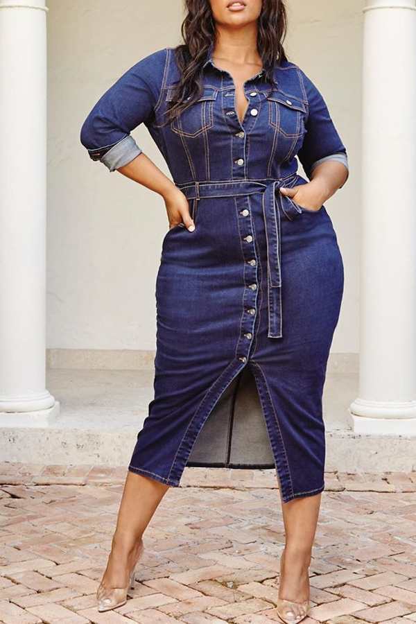 Lovely Casual Button Design Deep Blue Plus Size Mid Calf Dress