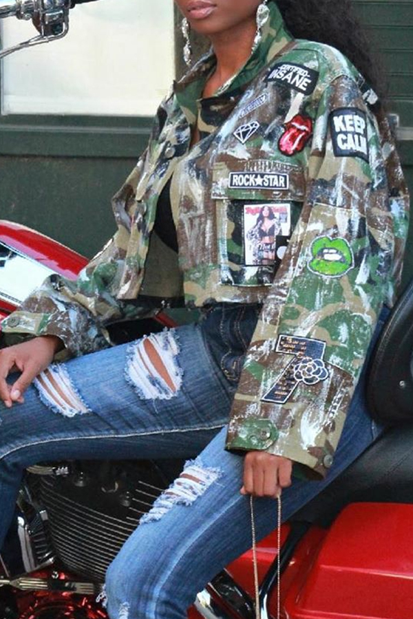 Lovely Casual Printed Army Green Jacket