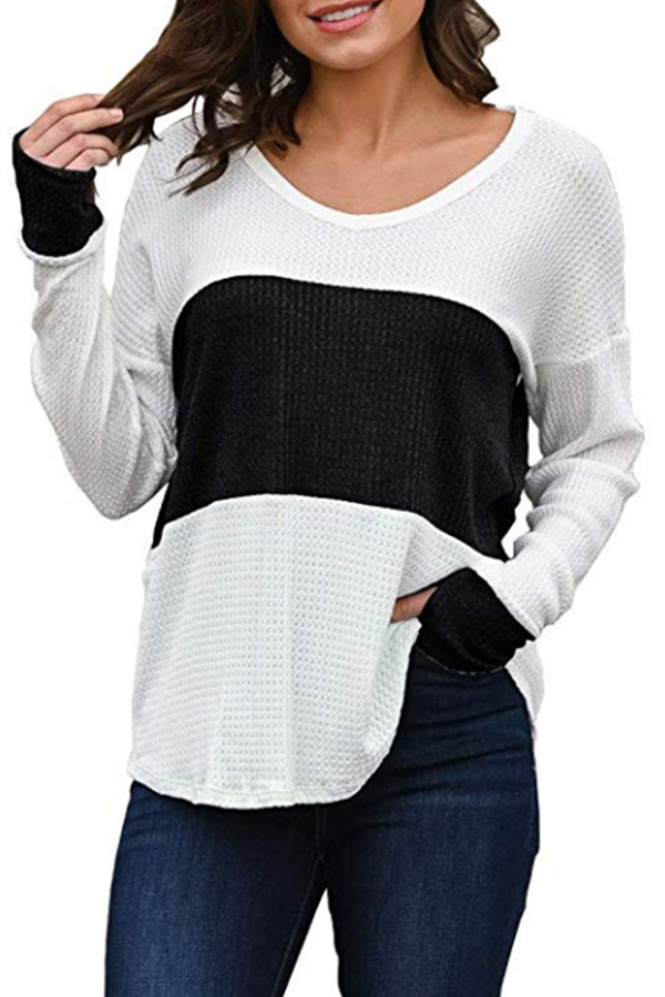Lovely Casual V Neck Patchwork Black T-shirt