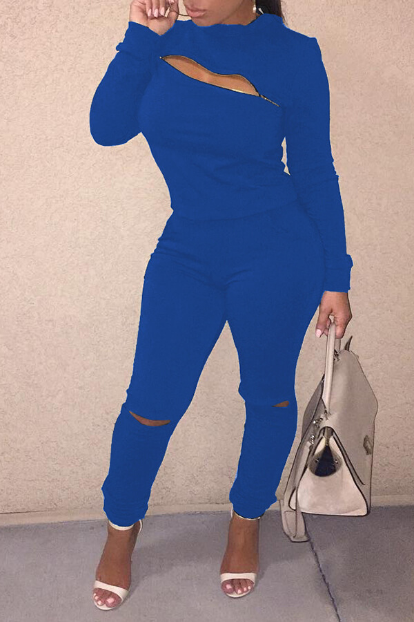 Lovely Trendy Zipper Design Blue Two-piece Pants Set