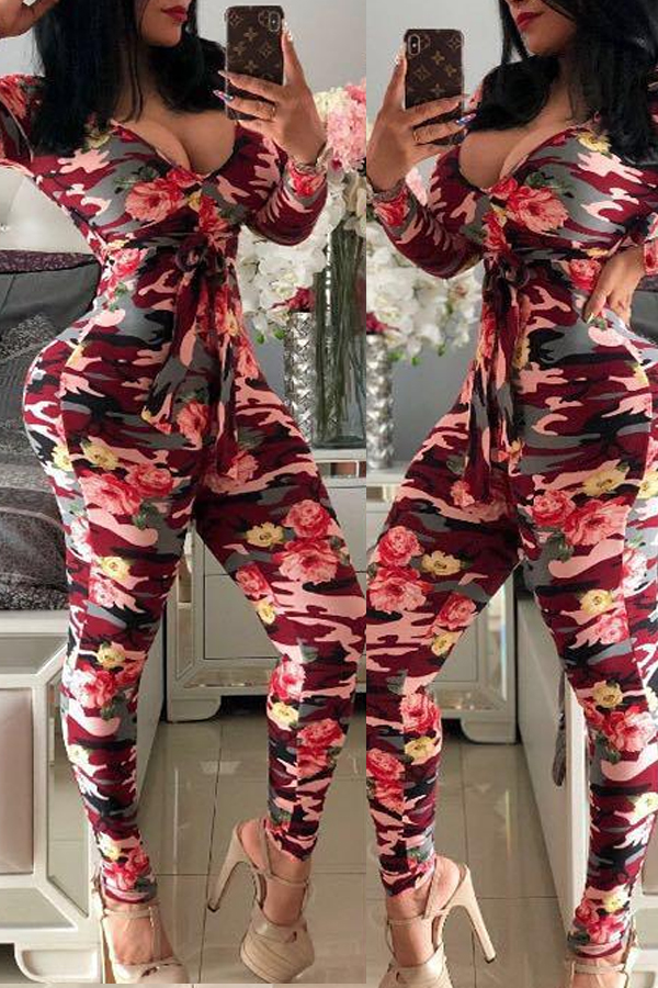 Lovely Trendy Camouflage Printed Red One-piece Jumpsuit