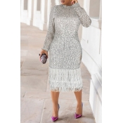 Lovely Casual Tassel Design Silver Knee Length Dre